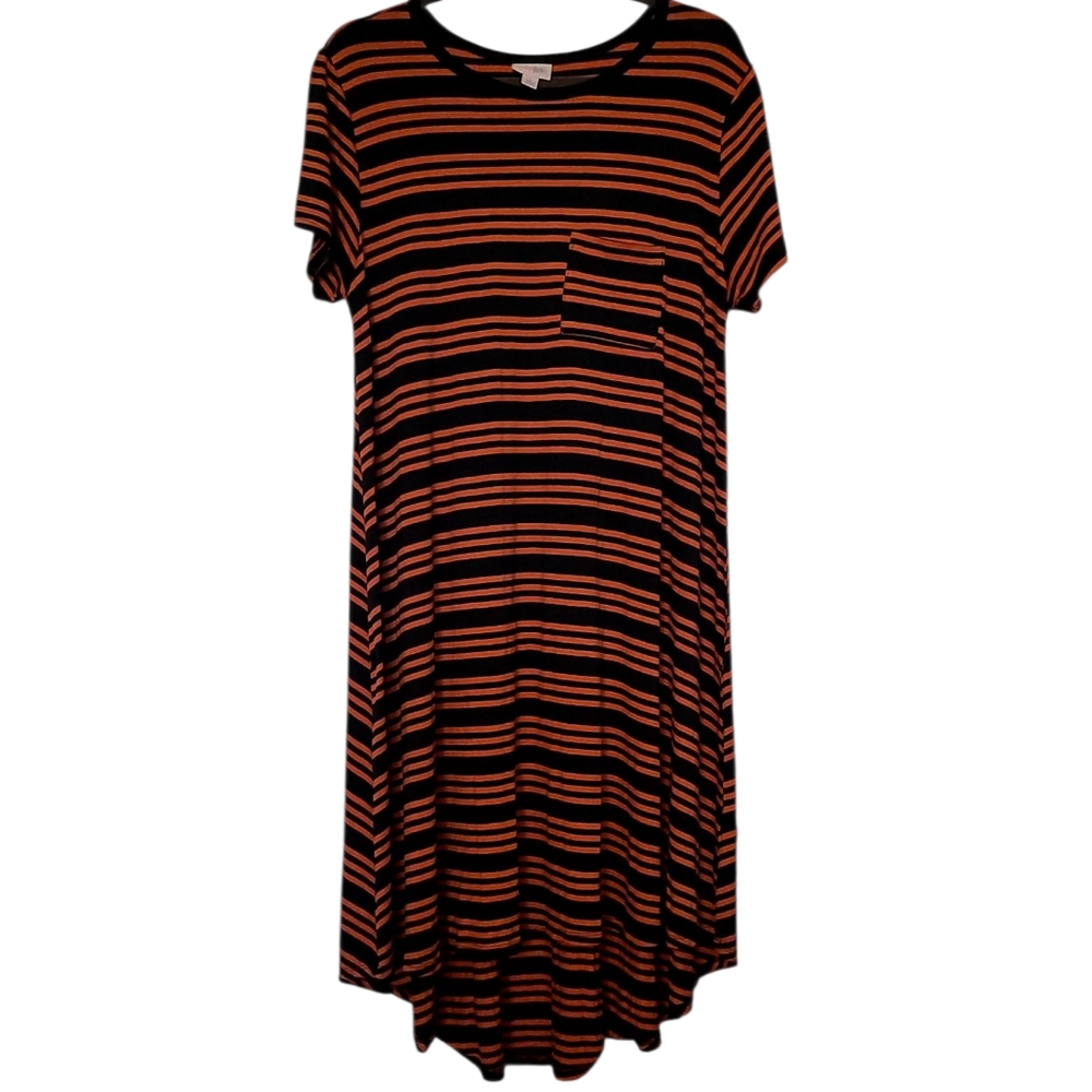 LLR LuLaRoe Carly Striped Navy Blue & Orange Maxi Dress Sz L